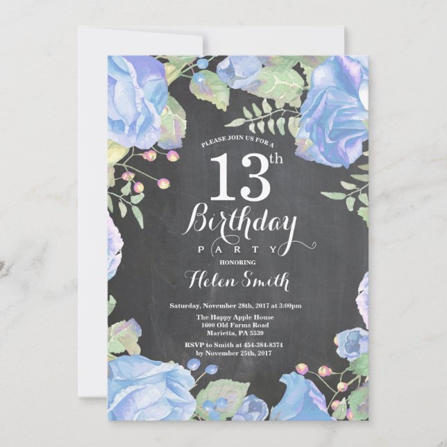 Bleu botanique Floral 13e anniversaire Invitation (Devant)