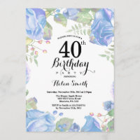 Bleu botanique Floral 40e anniversaire Invitation