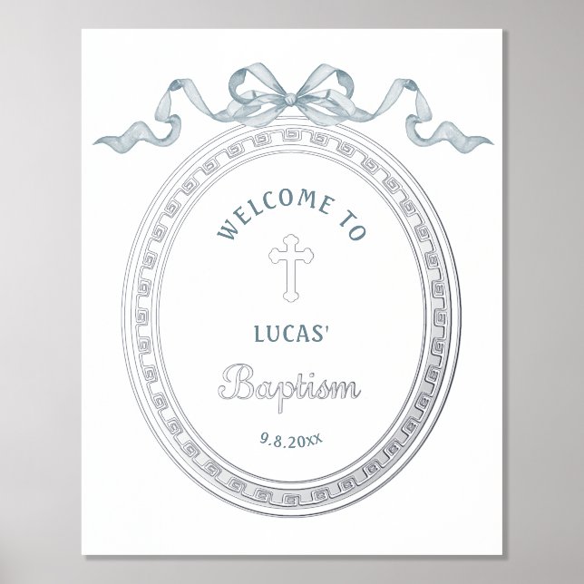 Bleu Bow Argent Cadre grec Baptême Poster d'huile (Recto)