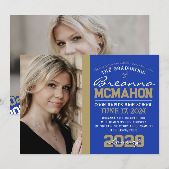 Bleu & Bronze Gold Graduation 2 Faire-part photo (Devant / Derrière)