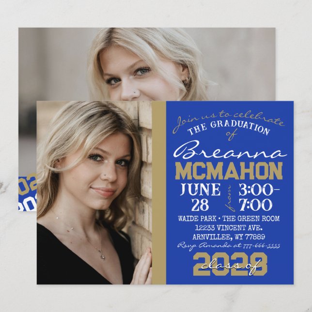 Bleu & Bronze Gold Graduation 2 Photo Invitation (Devant / Derrière)