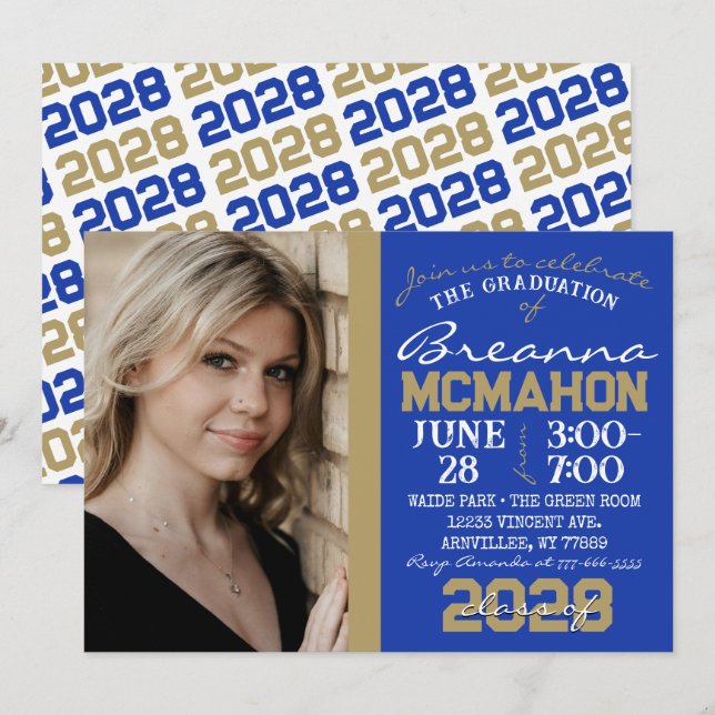 Bleu & Bronze Gold Graduation Photo Invitation (Devant / Derrière)