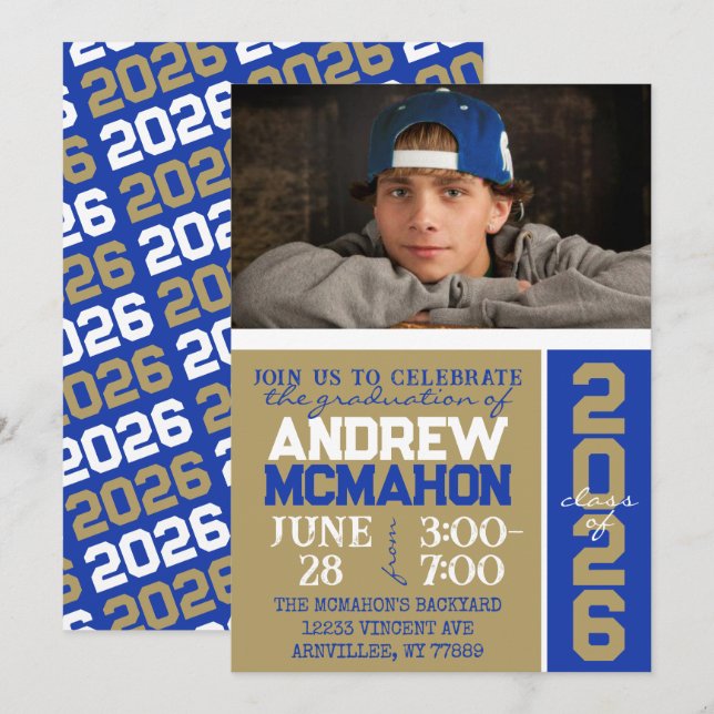 Bleu & Bronze Gold Graduation Photo Invitation (Devant / Derrière)
