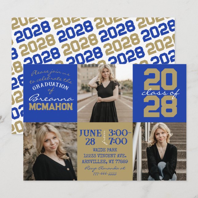 Bleu & Bronze Or 3 Photo Graduation Invitation (Devant / Derrière)