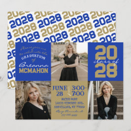 Bleu & Bronze Or 3 Photo Graduation Invitation