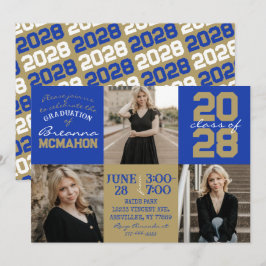 Bleu & Bronze Or 3 Photo Graduation Invitation