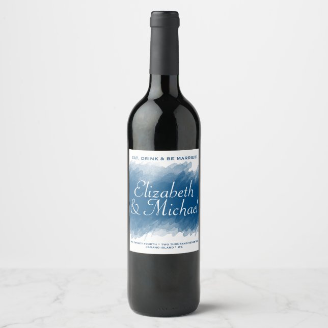 Bleu Brousse Aquarelle Vin Étiquette bouteille (Devant)