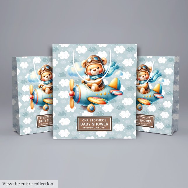Bleu Brown Baby shower Ours Sac cadeau avec nom (Blue Brown Bear Baby Shower Gift Bag With Name)