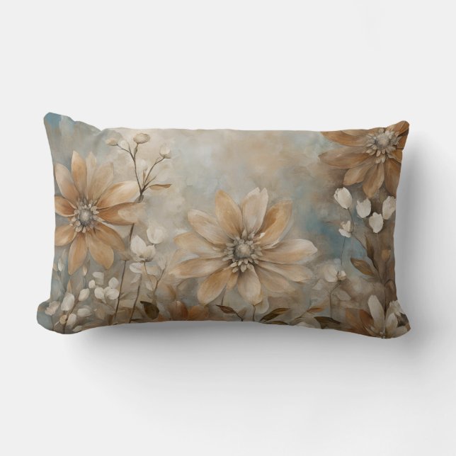 Bleu Brown Beige Ferme Floral Lumbar Coussin (Recto)