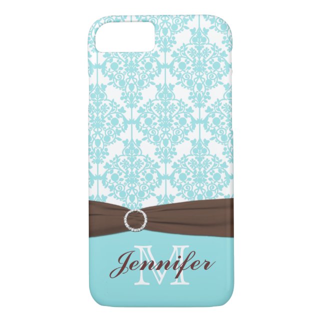 Bleu, Brown, Blanc Damask iPhone 7 Coque (Dos)