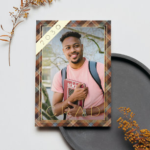 Bleu Brown Plaid Gold Foil Faire-part de graduatio