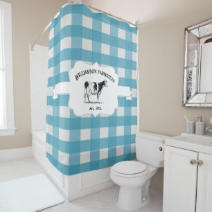 Bleu Buffalo Plaid Ferme Vache Douche Rideau