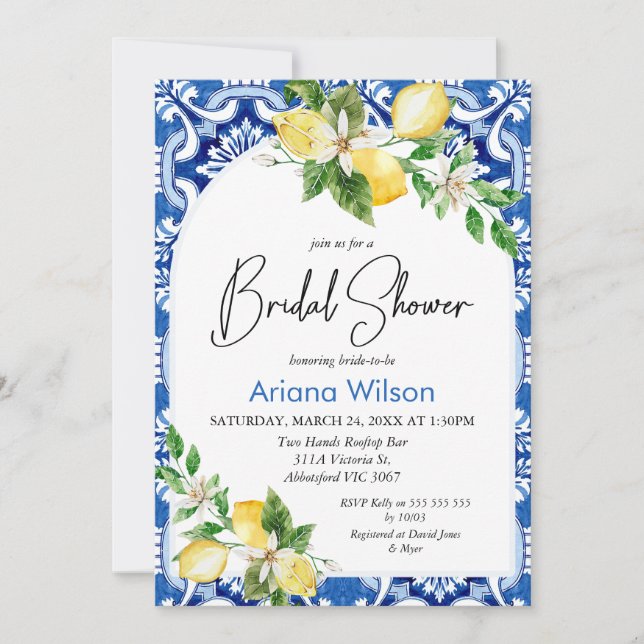 Bleu Carrelage citron Douche nuptiale Invitation (Devant)