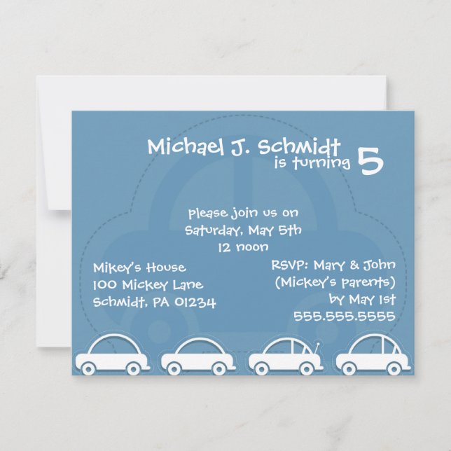 Bleu Cars Card Invitations pour l'anniversaire du  (Devant)