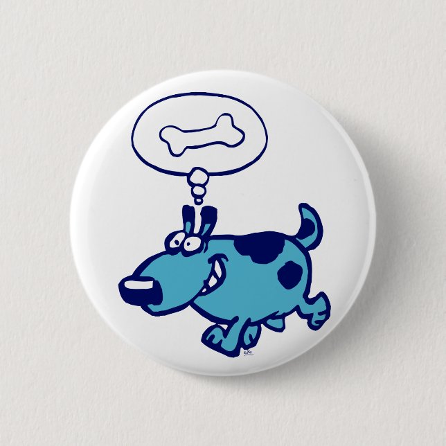 Bleu Cartoon Chien pensant à l'os Bouton Badge (Devant)