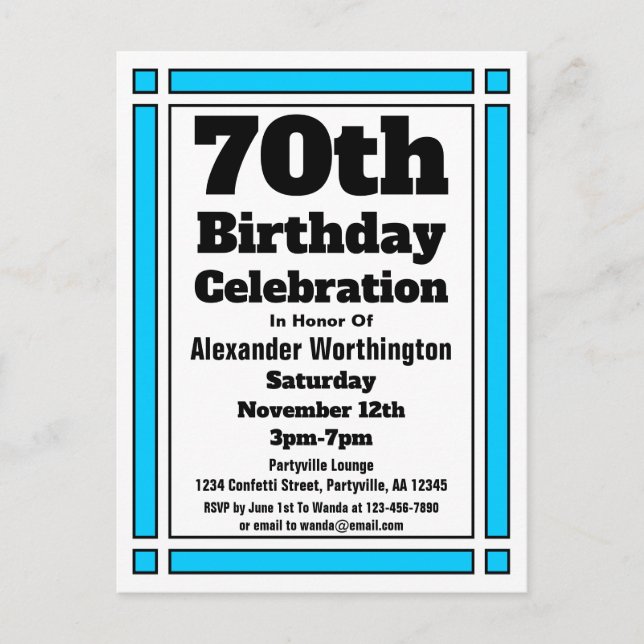 Bleu clair 70e anniversaire Invitation Carte posta (Devant)