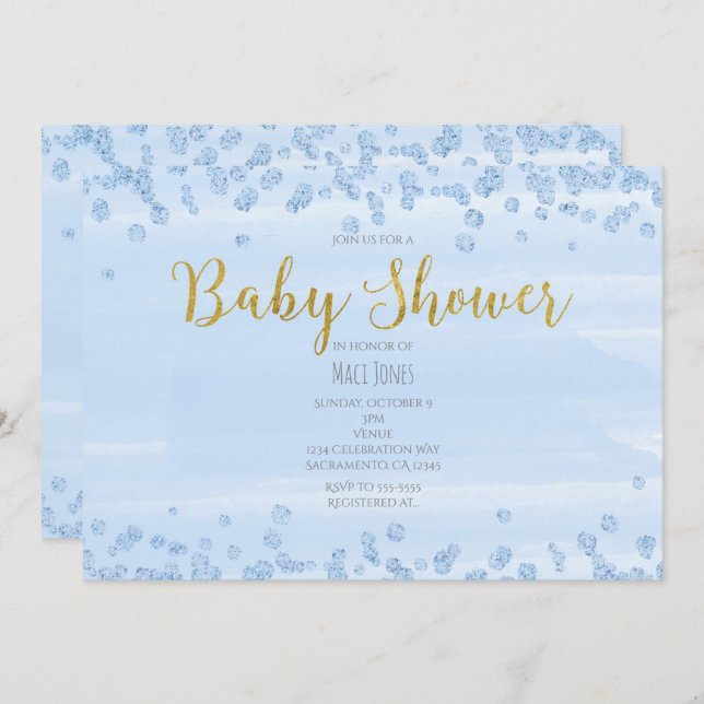 Bleu clair et or Douche bébé Invitations (Devant / Derrière)