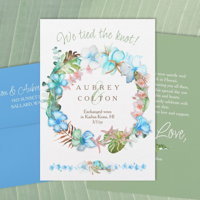 Bleu clair et vert Faire-part de l'Elopement Tropi (tropical blue, light green leaves, round wreath, elopement beach ceremony announcement, hibiscus)