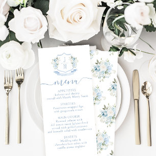 Bleu clair Floral Crest Mariage Menu Cartes