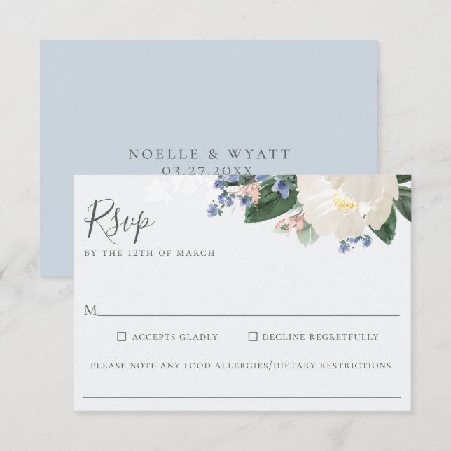 Bleu clair Flore Mariage Allergie alimentaire RSVP (Devant / Derrière)