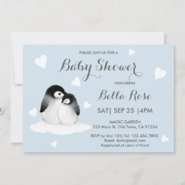 Bleu Coeur Penguin Baby Douche Invitations