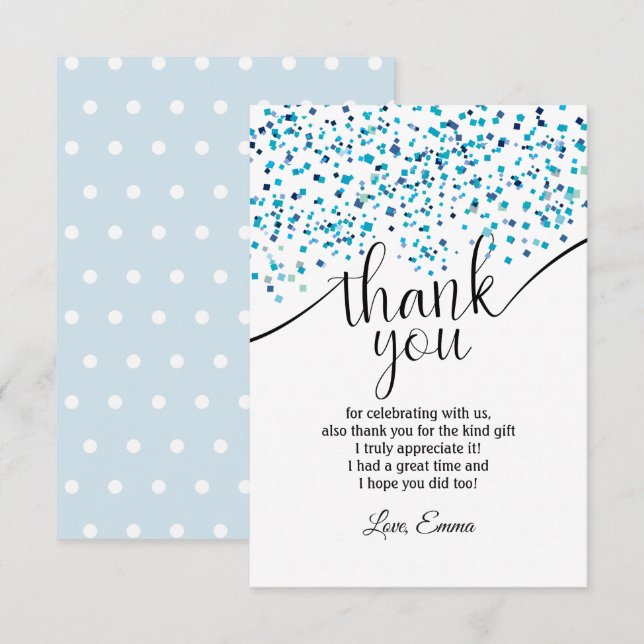 bleu, confettis,  carte de remerciement (Devant / Derrière)