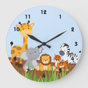 Bleu Cute Jungle Bébé Animaux Horloge murale