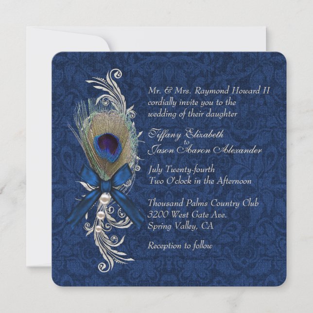 Bleu Damas et plumes de paon Faire-part de mariage (Devant)