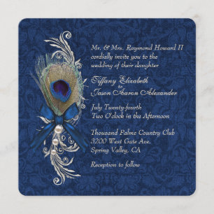 Bleu Damas et plumes de paon Faire-part de mariage
