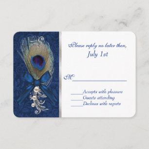 Bleu Damas et plumes de paon Mariage RSVP