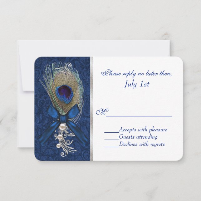 Bleu Damas et plumes de paon Mariage RSVP (Devant)