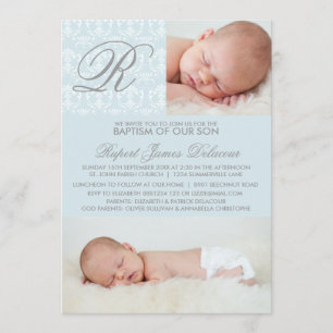 Bleu Damask Monogramme Baptême Photo Invitation