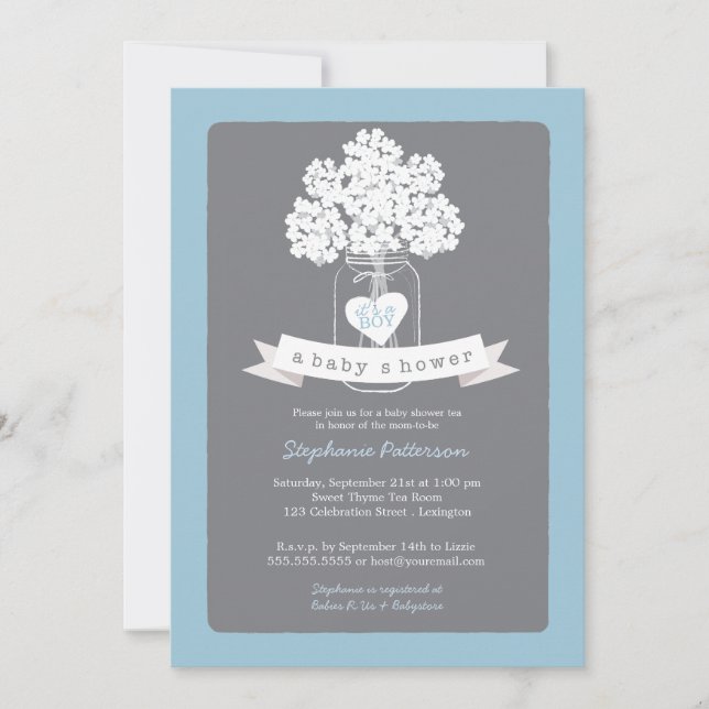 Bleu de Mason Jar| Invitation de Baby shower gris (Devant)