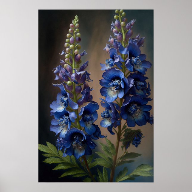 Bleu Delphinium Fleurs Art Imprimer Poster (Devant)