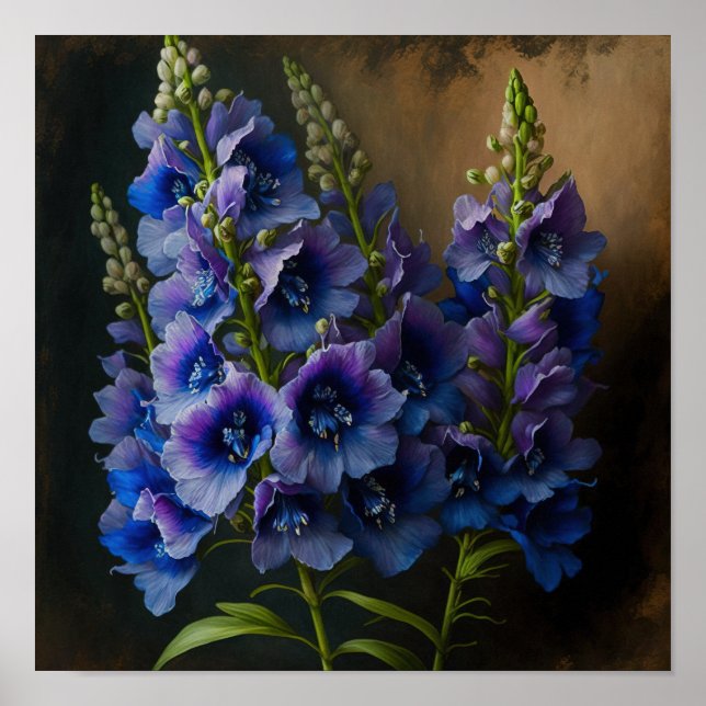 Bleu Delphinium Fleurs Art Imprimer Poster (Devant)