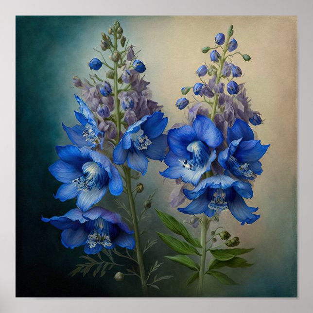 Bleu Delphinium Fleurs Art Imprimer Poster (Devant)