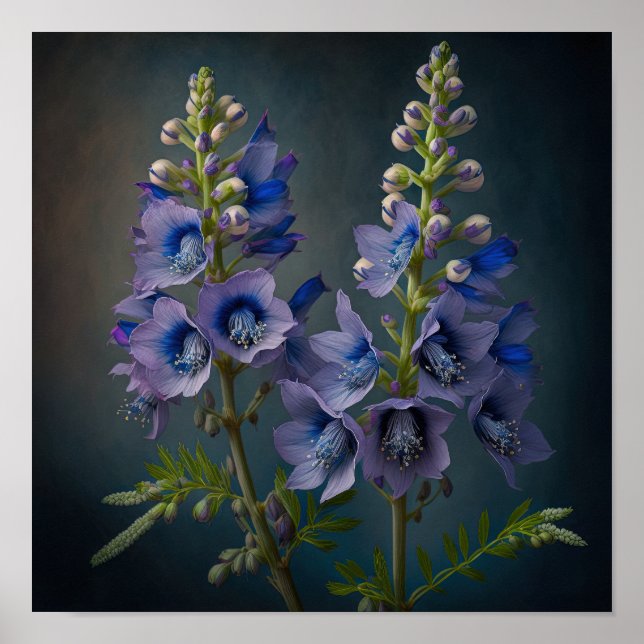 Bleu Delphinium Fleurs Art Imprimer Poster (Devant)