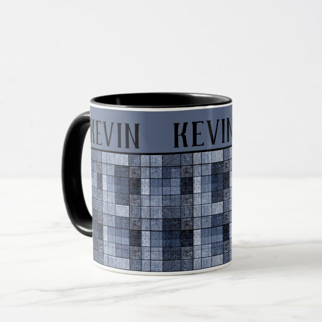 Bleu, denim, tartan, plaid. Tasse à café à deux to (Devant gauche)