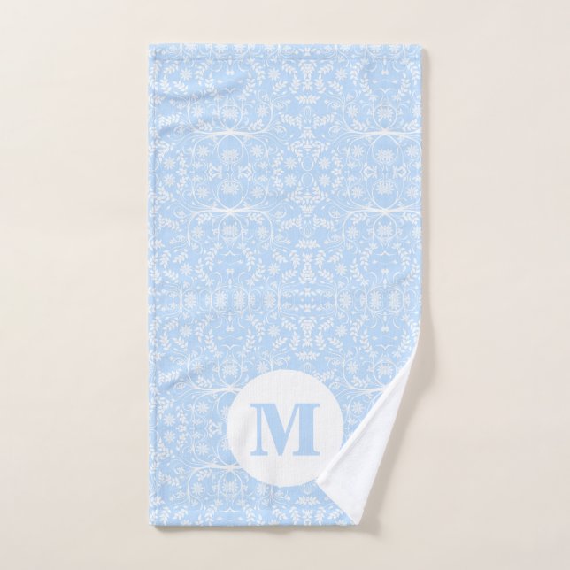 Bleu doux et blanc avec Monogramme (Serviette à main)