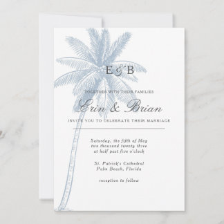 Bleu Dusty Palm Tree Faire-part de mariage minimal