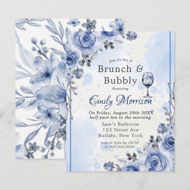 Bleu Dusty Peony Brunch & Bubbly Invitation (Devant / Derrière)