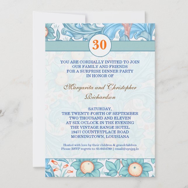 bleu élégant 30e anniversaire mariage invitations (Devant)