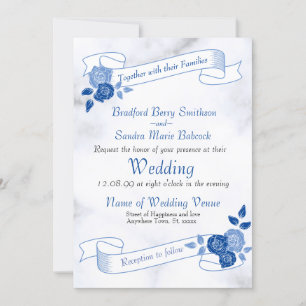 Bleu Élégant blanc gris floral Invitation coeur