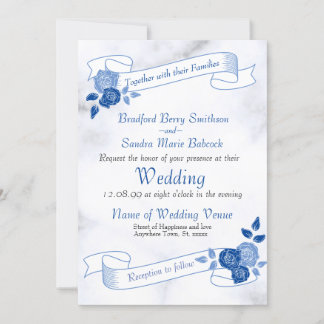 Bleu Élégant blanc gris floral Invitation coeur
