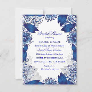 Bleu Élégant Floral | Invitation de douche nuptial