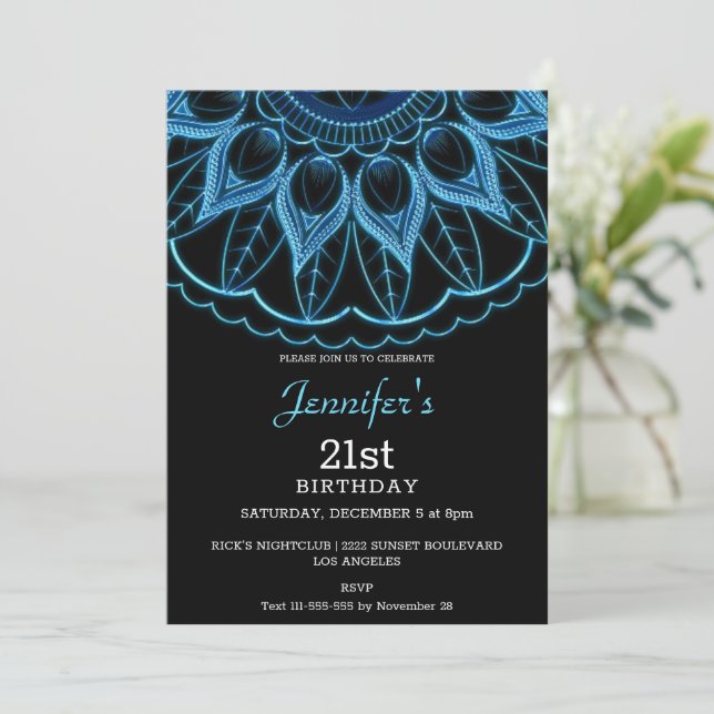 Bleu élégant Invitation d'anniversaire Mandala (Debout devant)