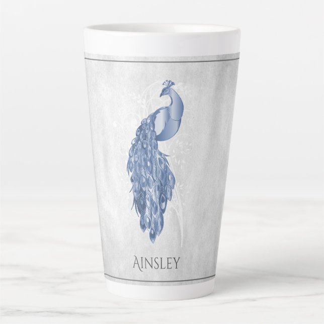 Bleu Elegant Peacock Personnalisé Latte Mug (Devant)