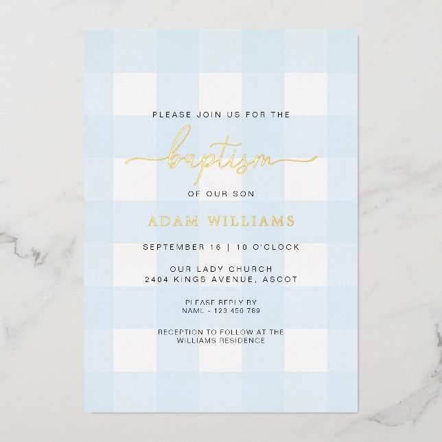 Bleu En vichy Baptême Gold Foil Invitation (Recto)