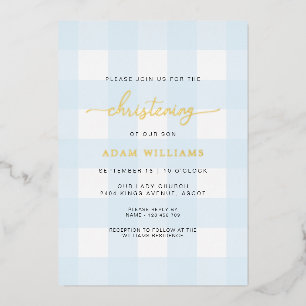Bleu En vichy Christening Gold Foil Invitation