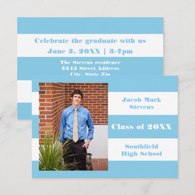 Bleu et blanc - 3x5 Faire-part de graduation (Devant / Derrière)